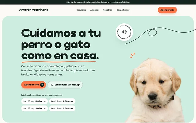 Demo de Arrayán Veterinaria con el titular Cuidamos a tu perro o gato como en casa y las próximas horas libres