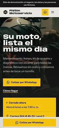 Demo de Pistón Motoservicio, taller de motos en Itagüí, con el titular Su moto, lista el mismo día