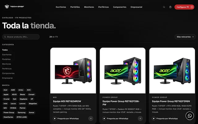 Catálogo de Techverse con equipos armados, filtros por categoría y marca y botón para preguntar por WhatsApp